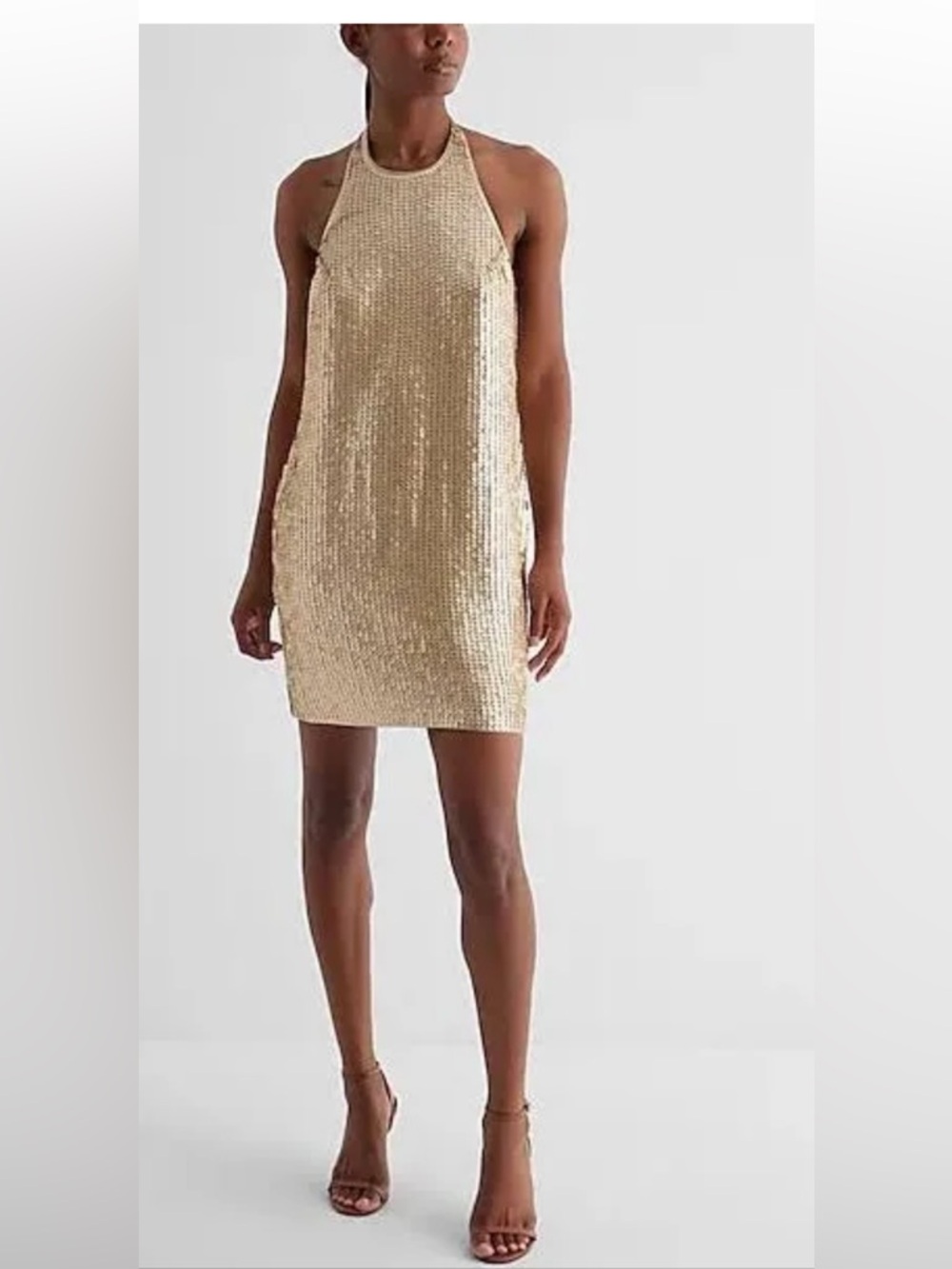 Express Womens Size large halter backless sequined dress gold sequins NWT